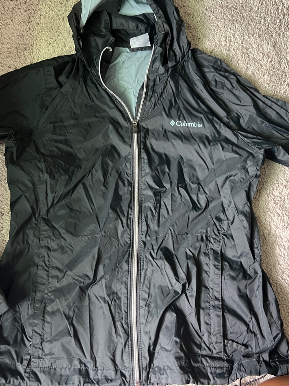Columbia Black Jacket (raincoat) with White Logo and Blue Tag Stripe - Picture 2 of 5